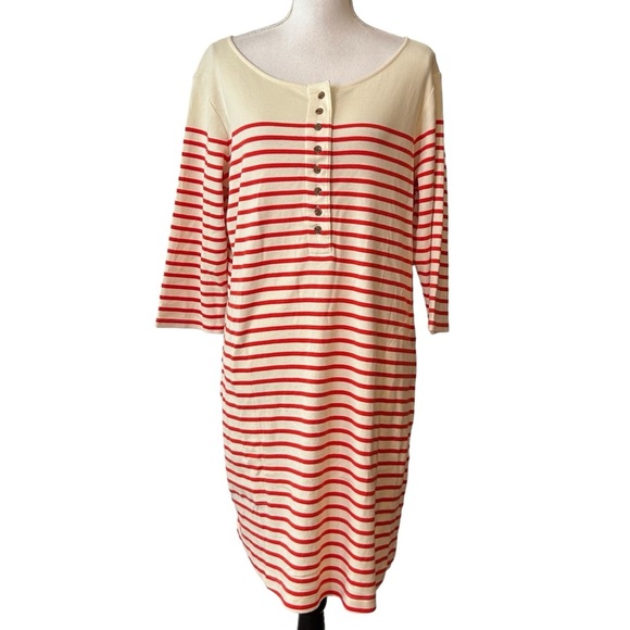 NEW On 34th Striped Casual Jersey Knit Dress Large Ivory & Red Striped Coastal - Picture 1 of 8